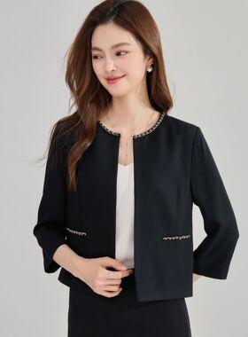 26秋法式通勤简约小香风手缝金属链条七分袖黑色西装外套女15798