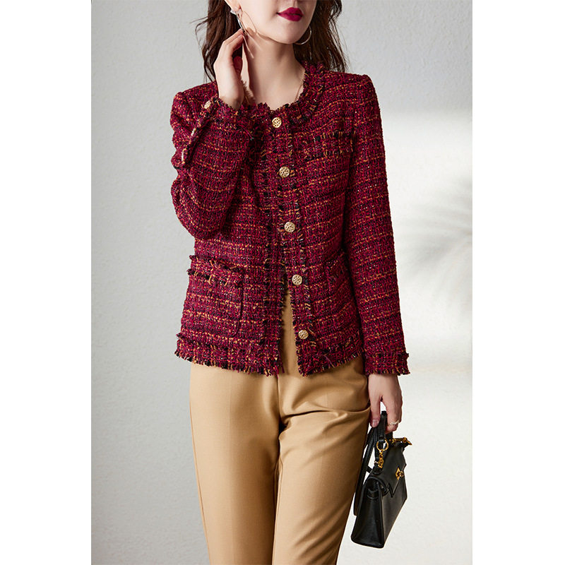 59%羊毛小香风外套春秋高定女装2026新款短款红色粗花呢秋款上衣