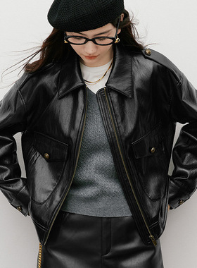 绵羊皮翻领浮雕甜外套拉链秋季新款皮衣羊皮黑色扣女装工装2026