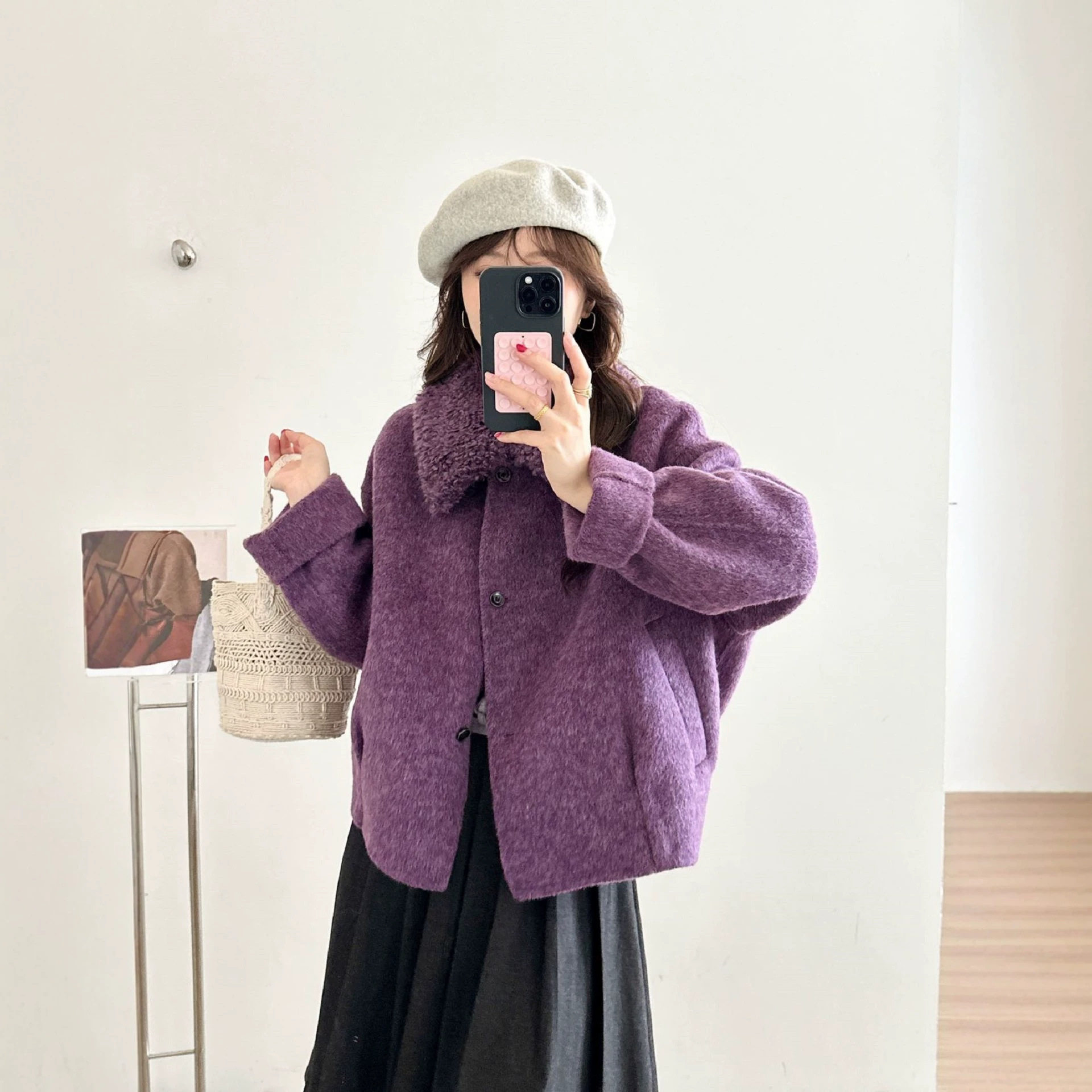 仿颗粒羊卷毛双面呢短款大衣女