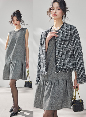2026春新法式轻奢灰色银丝亮片无袖连衣裙流苏小香外套套装