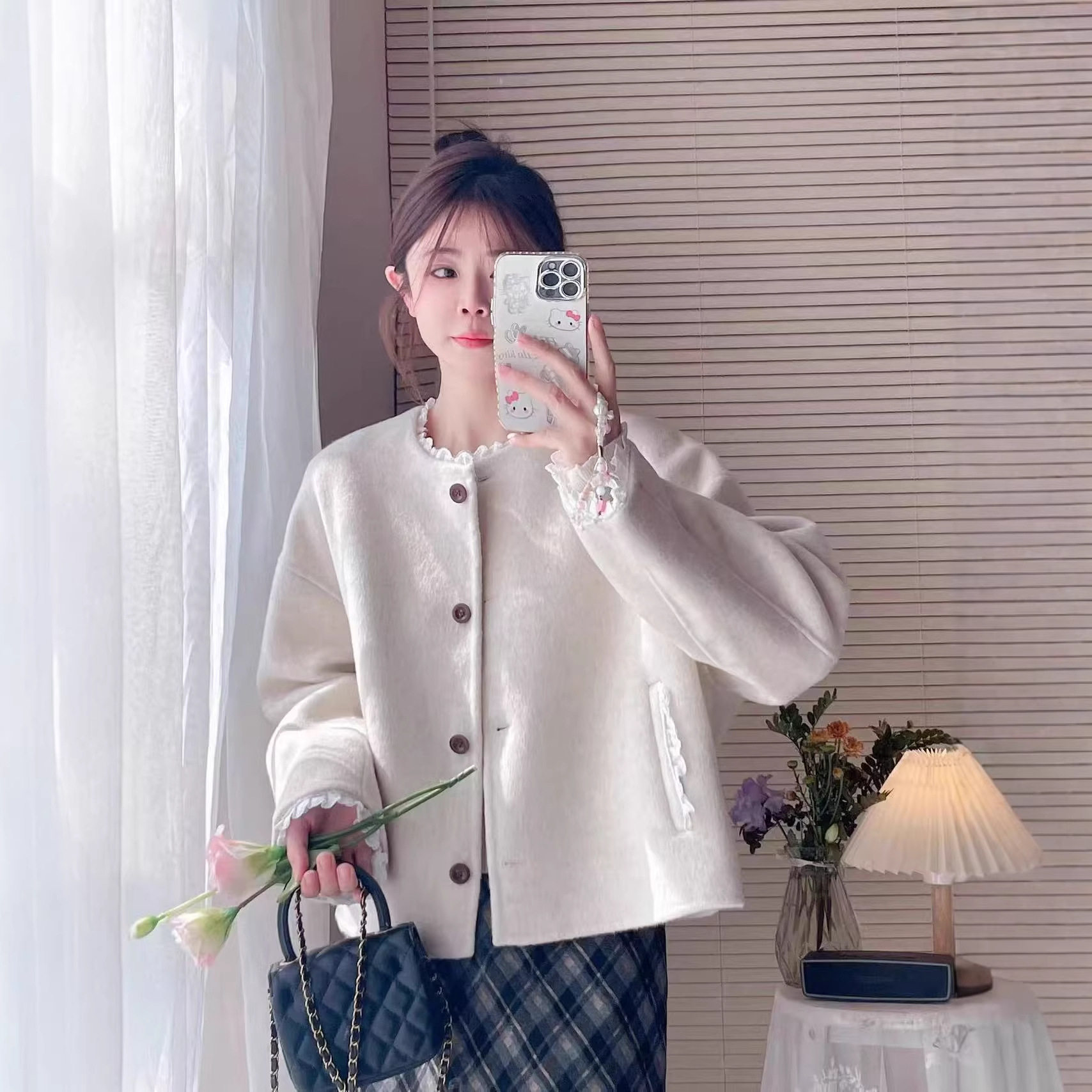 2026春小香风花边双面呢大衣女