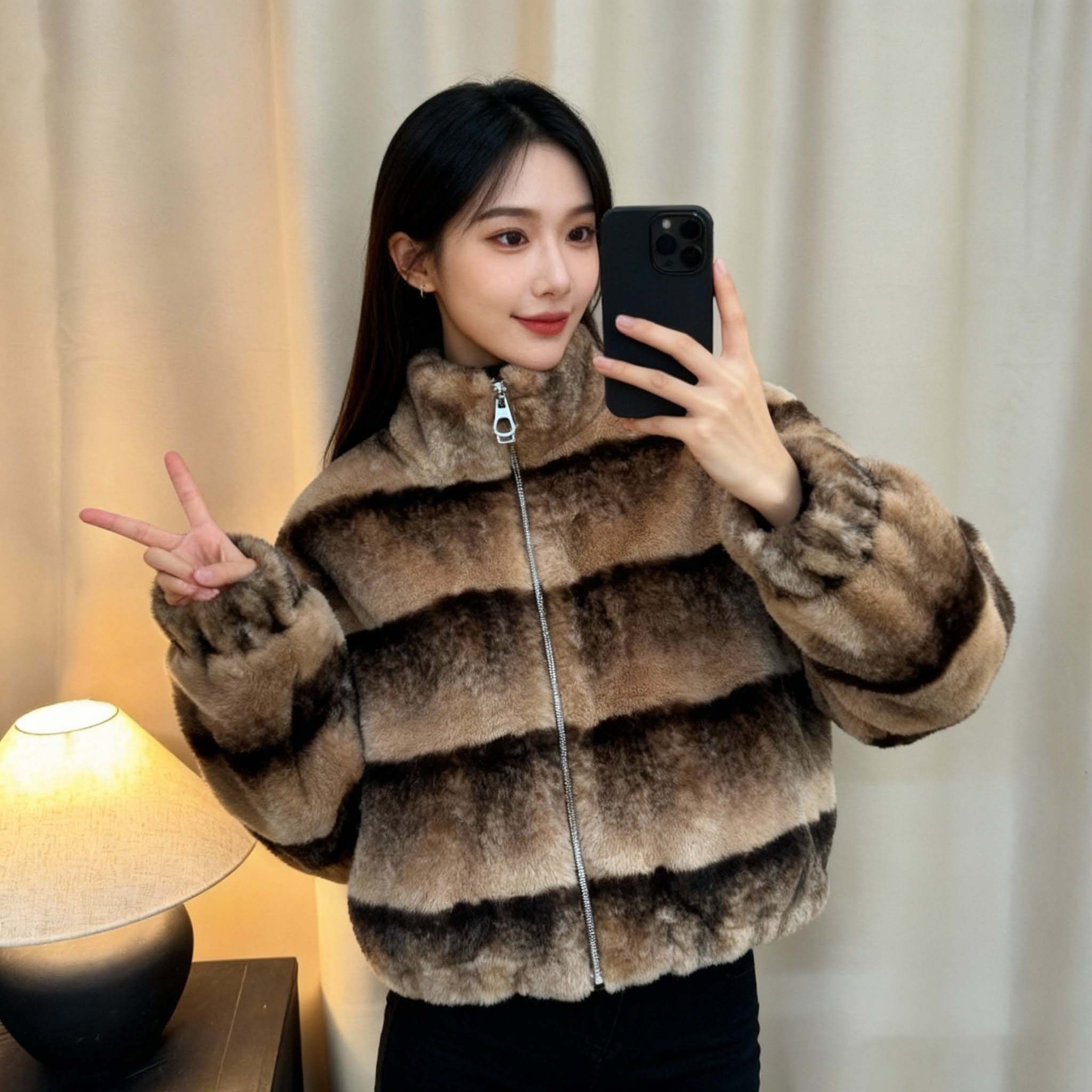 短款立领仿水貂皮草外套
