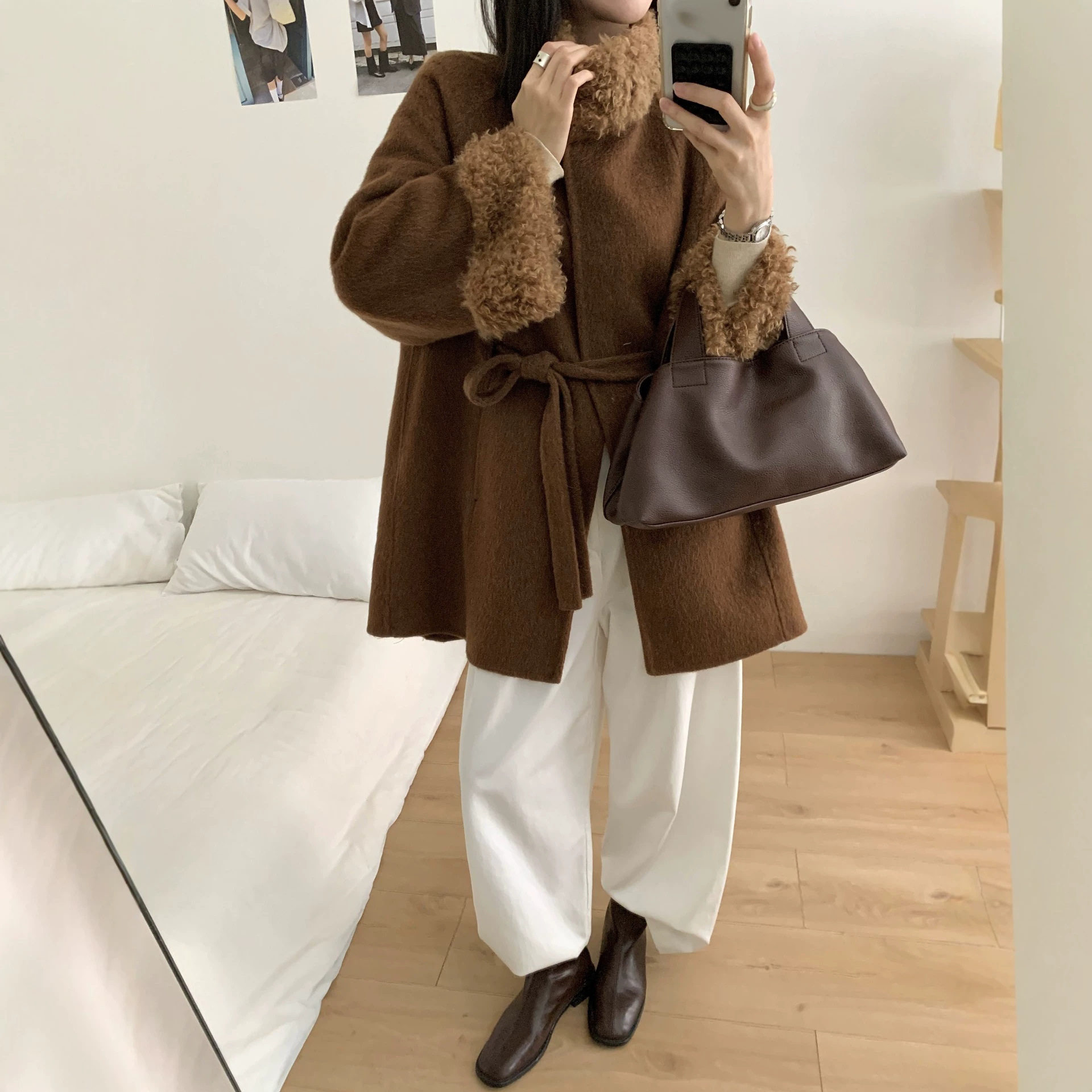 焦糖羊毛立领系带显瘦大衣女