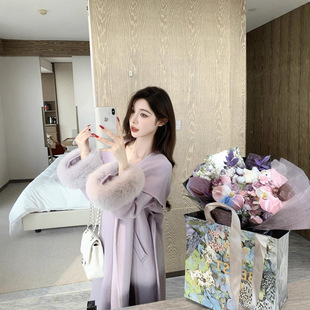 女神大衣26冬季新款狐狸毛袖双面羊绒高级感中长款翻领羊毛呢外套