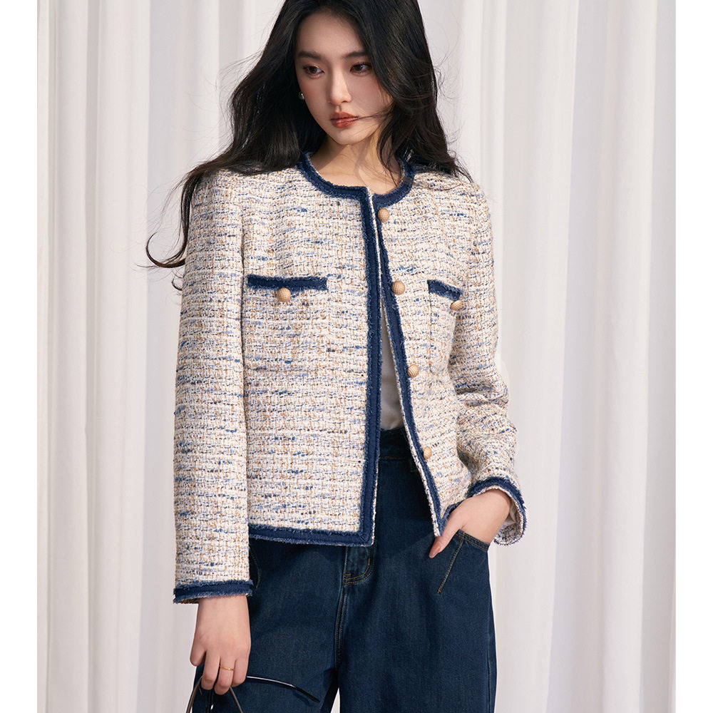 2026春新复古名媛时髦高级感羊毛牛仔拼接短款小香风外套女,女装/女士精品,毛呢外套,淘宝优惠券,粉丝福利购,淘宝优惠卷