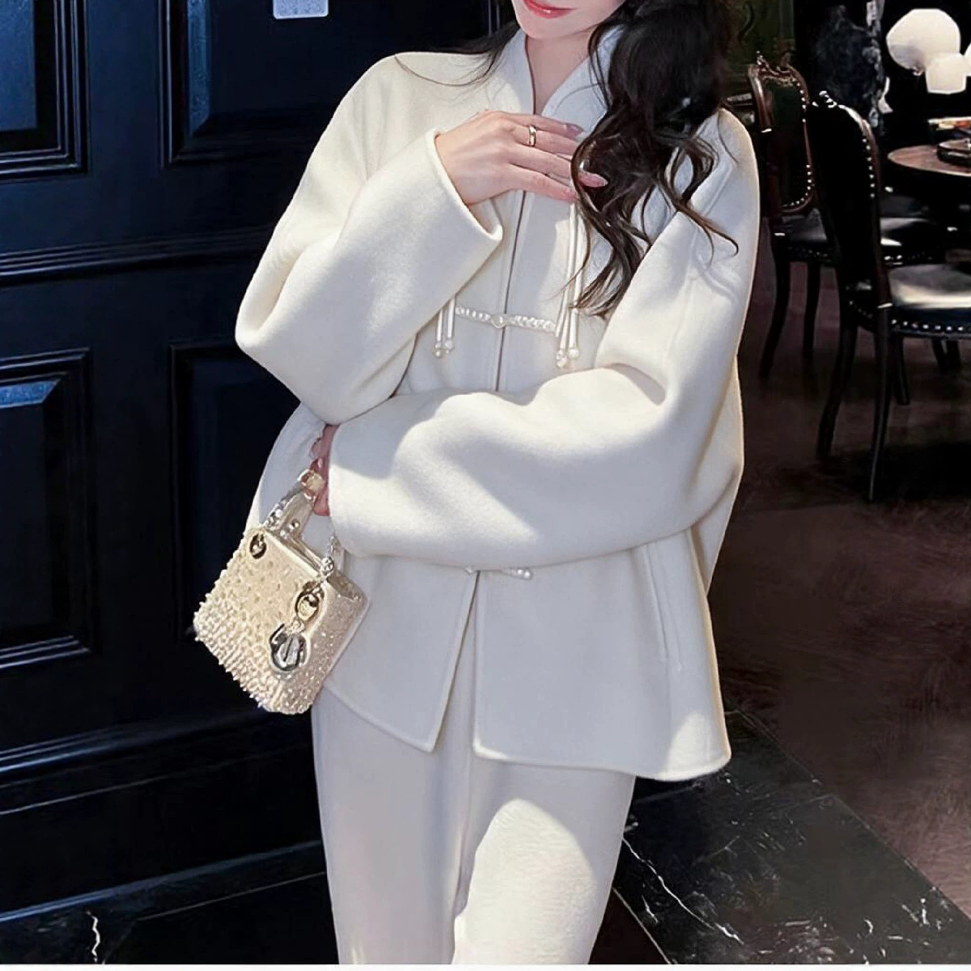 新中式立领盘扣双面呢短款大衣女