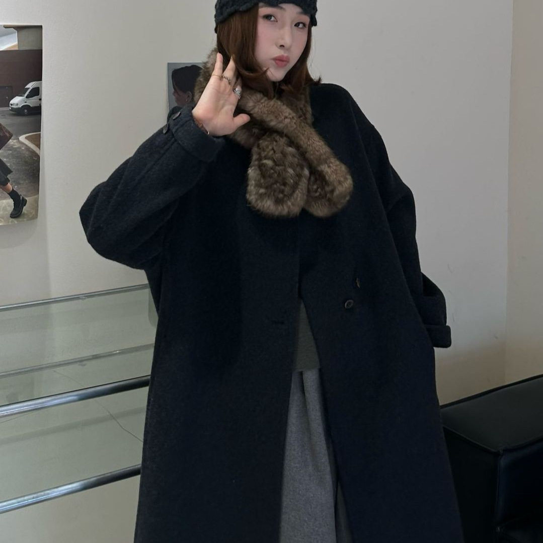 高端韩系双面羊毛真毛围脖大衣女