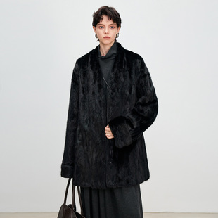 海宁皮草外套女真水貂毛简约百搭V领挽袖 貂皮大衣拼貂2026冬新款