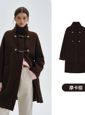 2026早春小熊千金双面呢大衣女牛角扣100%羊毛呢厚外套白色