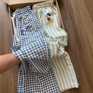 遛弯裤 空调裤 阔腿裤 防蚊裤 可爱卡通 子休闲夏日凉凉裤 蓝色格子裤