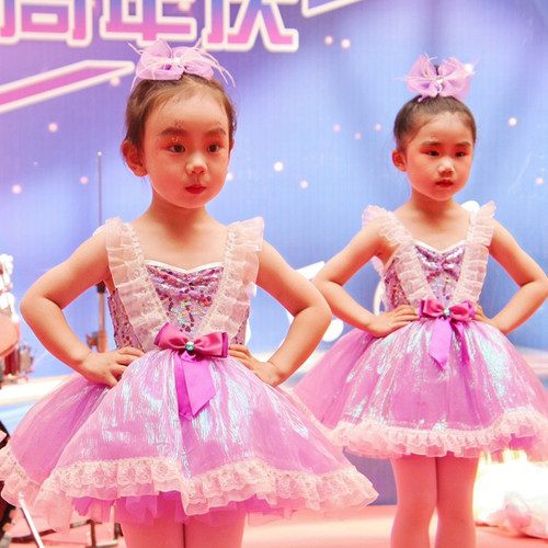 儿童节演出服幼儿公主紫纱裙亮片蓬蓬裙走秀主持服女童舞蹈表演服