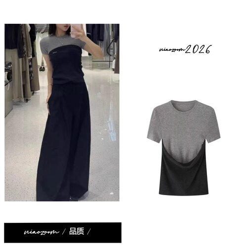 艾诺丝商场同款2026夏季时尚假两件短袖针织衫新款打底上衣802193