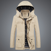 男士 中长款 有帽风衣纯棉外套春秋款 秋季 中年男装 休闲外衣帆布夹克