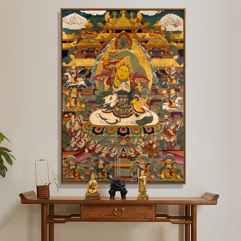 唐卡装饰画黄财神八方神财宝天王办公室客厅招财画释迦摩尼佛挂画