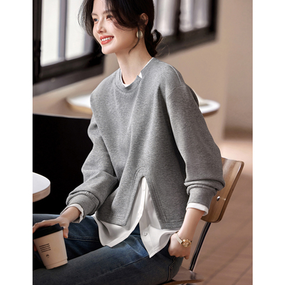 圆领卫衣春秋拼接撞色假两件上衣