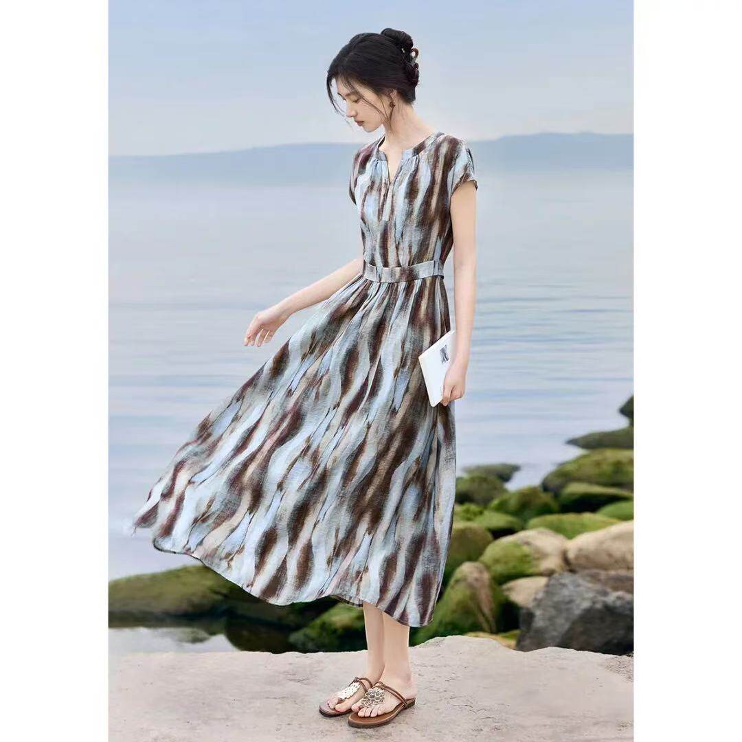 夏季晕染印花V领短袖连衣裙女