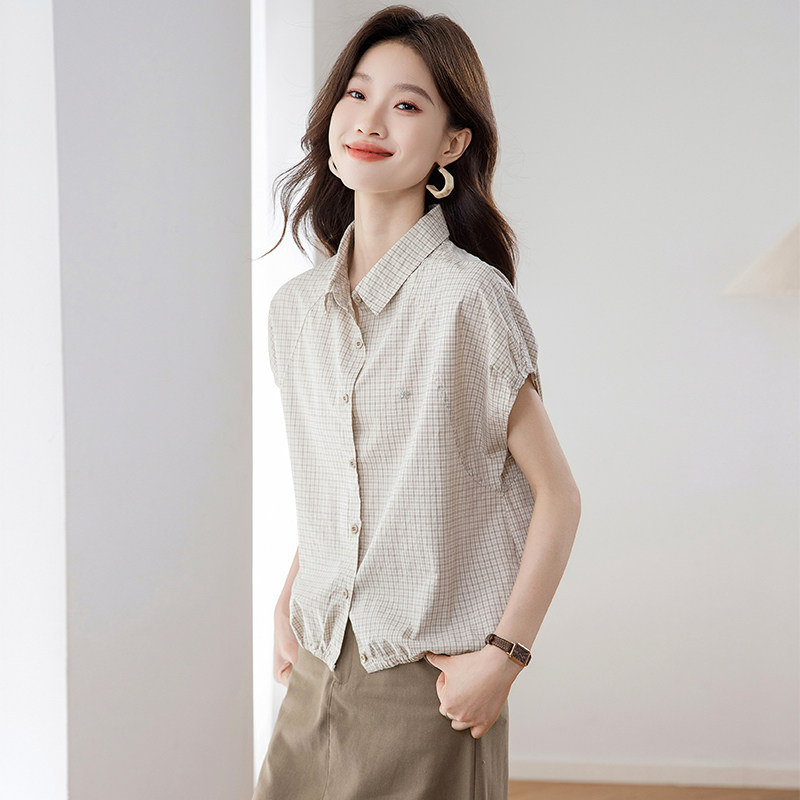 小个子棉麻夏季短袖休闲格子衬衫