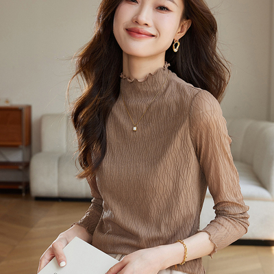 春秋半高领长袖T恤蕾丝打底衫女