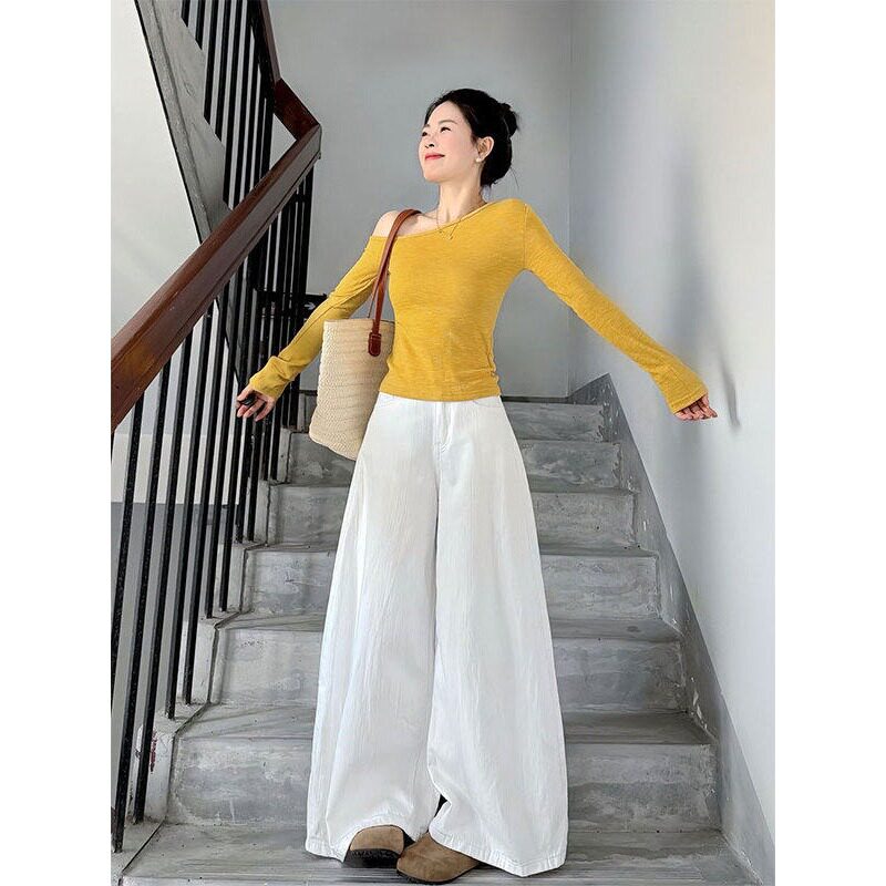 奥莱外贸清仓春秋穿搭一整套斜领露肩黄色上衣阔腿休闲裤两件套女
