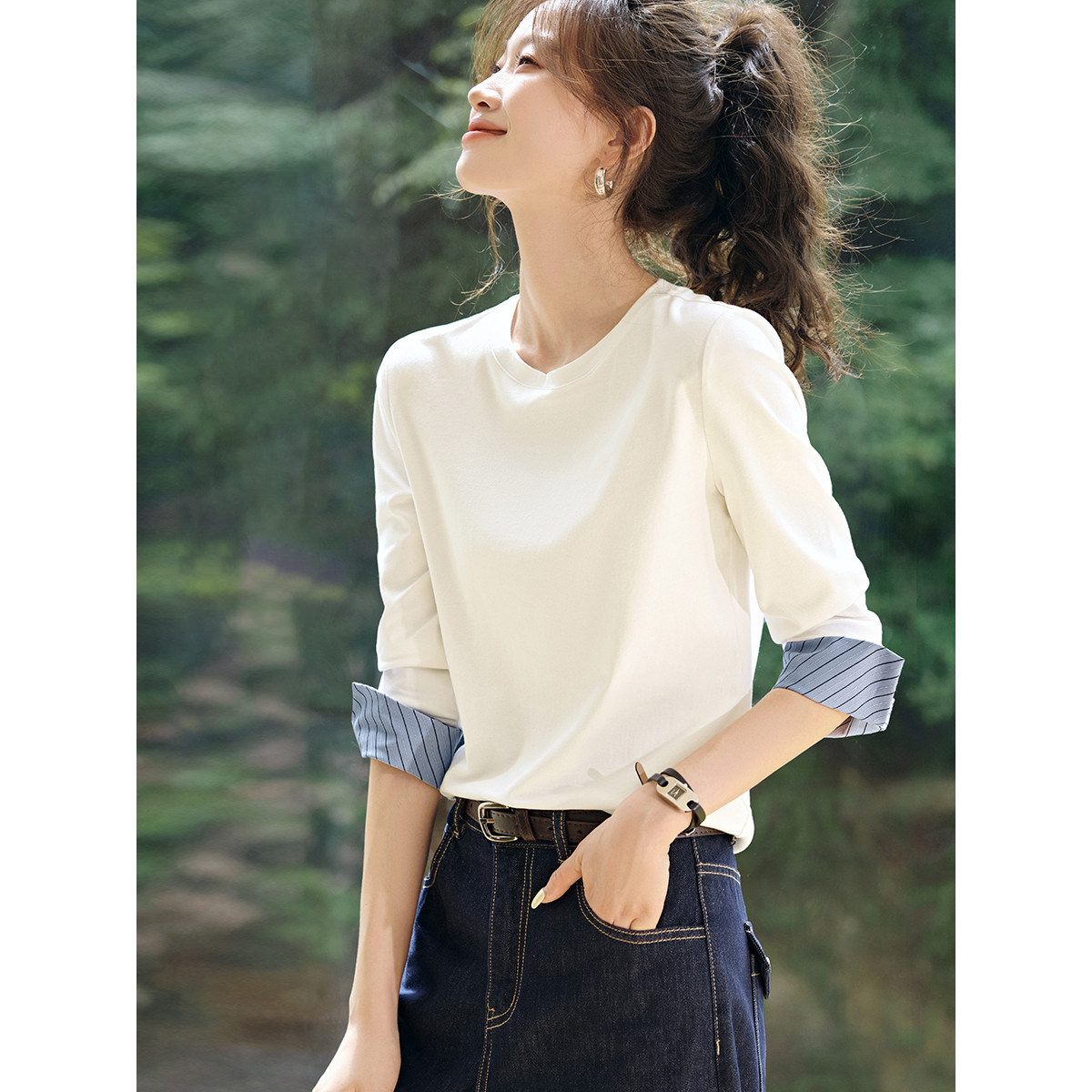 春秋圆领撞色拼接条纹内搭T恤女
