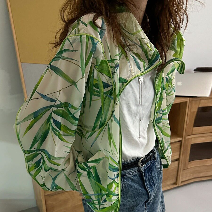 竹叶印花薄款连帽衬衫防晒外套女
