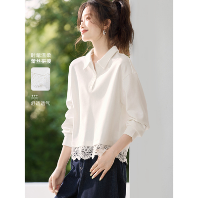 翻领卫衣女春秋蕾丝拼接百搭上衣