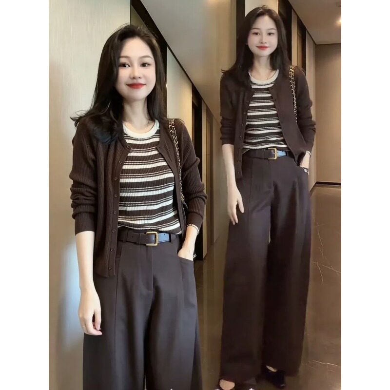 春秋条纹针织开衫阔腿裤两件套女
