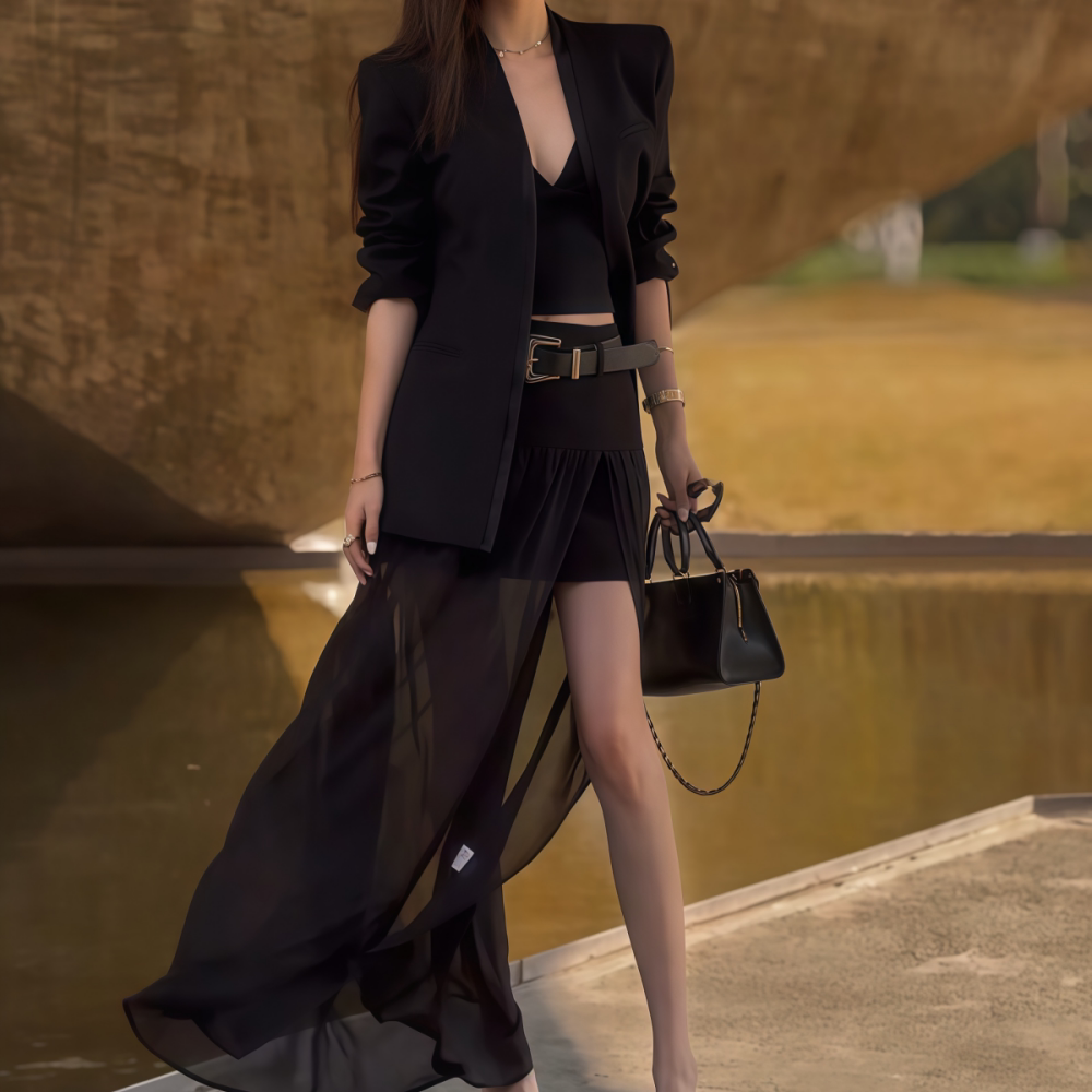2026年夏季新款黑色西装两件套女时尚高级感御姐干练气质半裙套装