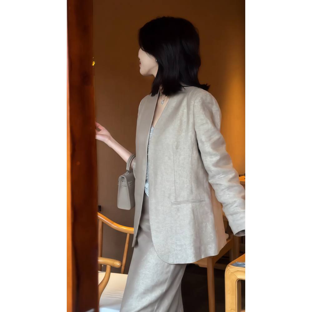 中长款卡其色西装外套半裙套装女