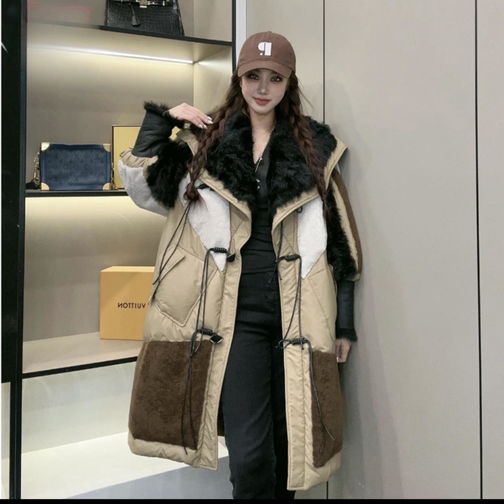 保暖中长款拼接皮草羽绒服