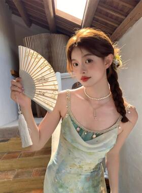 Aca气质ine长款收腰荡领渐变色鱼尾a字连衣裙女夏季法式吊带裙子