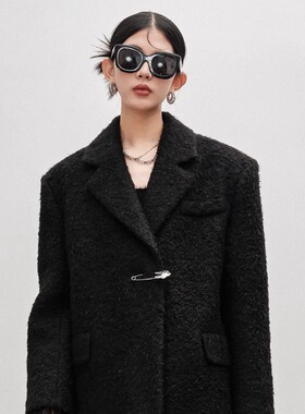 羽可拆卸鸟袖口毛呢西装外套宽松冬女大别羊针廓形毛毛呢子大衣鸵