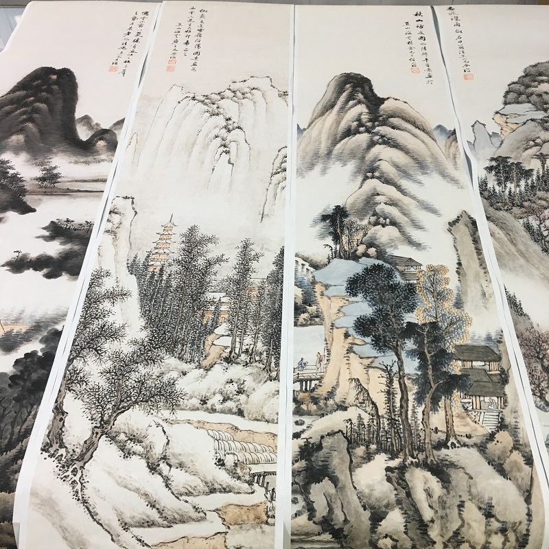 明俭山水四条屏 复古字画真迹艺术高清微喷复制品酒店挂抽装饰画