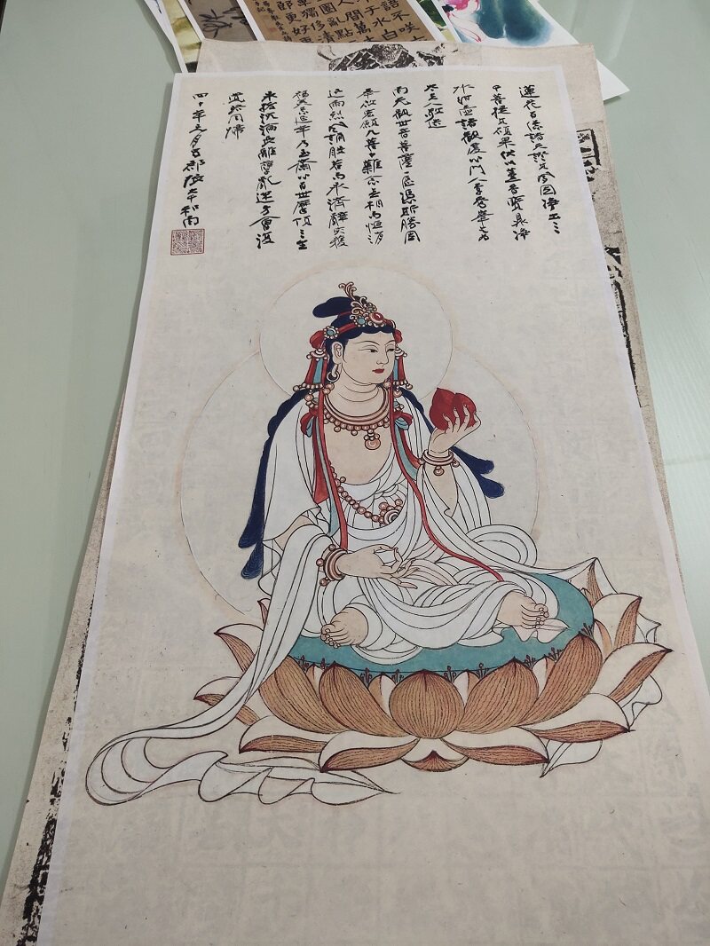 张大千国画真迹观音菩萨坐像复古书画真迹高清微喷仿真复制装饰画