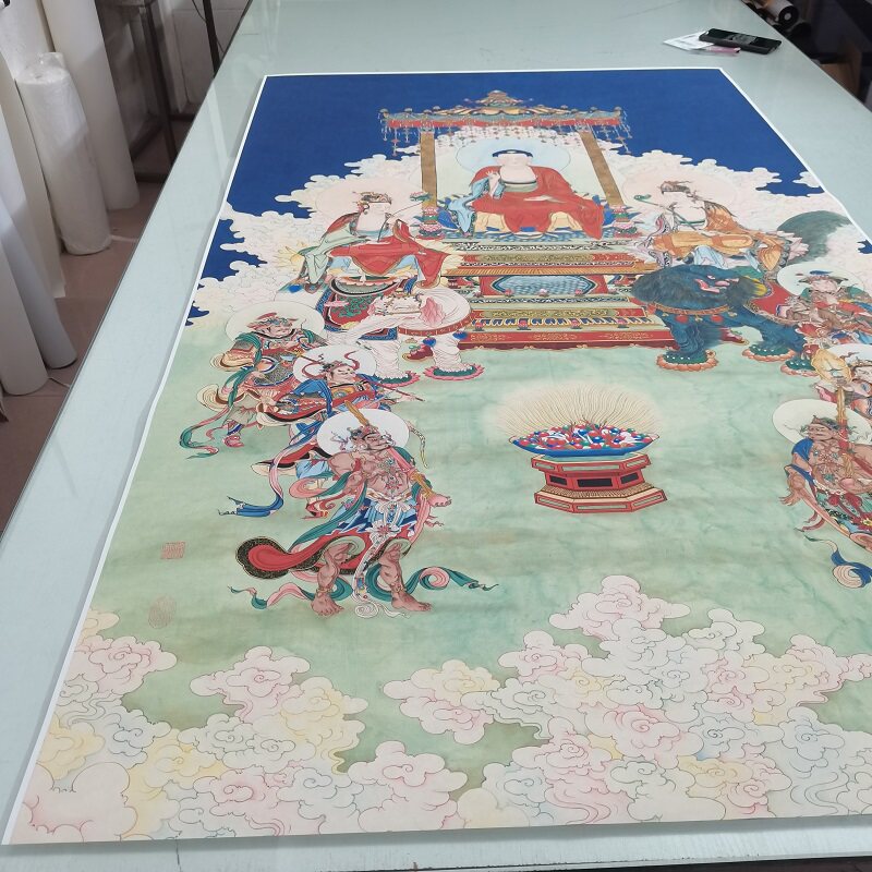 夏荆山《 华严三圣像文殊普贤 》书画佛像国画真迹微喷仿古复制画