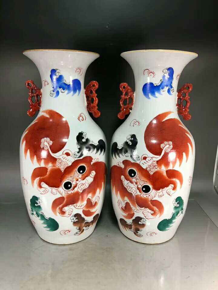 淘宝文玩瓷器清光绪款粉彩高44公分太师少保图双耳花瓶摆件一对
