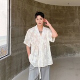 夏季新中式绑带设计男女短袖衬衣风禅意薄纱休闲衬衫9779P80，男装衬衫，电商A246