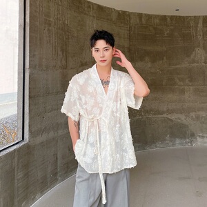夏季新中式绑带设计男女短袖衬衣风禅意薄纱休闲衬衫9779P80图片
