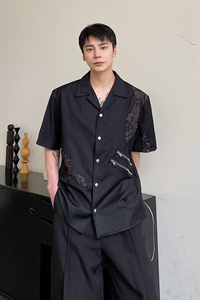 夏季山本暗黑系个性肌理纹拼接拉链设计男女翻领短袖衬衣5151P85图片
