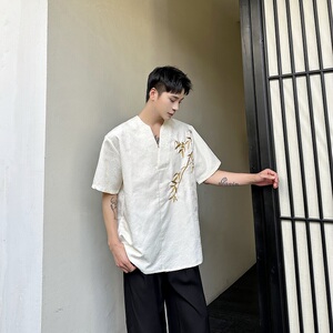 夏季新中式提花绣竹套头V领男女短袖衬衣复古禅意休闲衬衫5260P95图片
