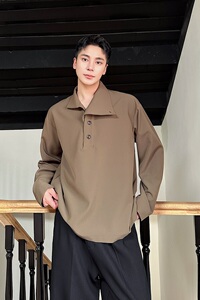复古老钱风翻领套头男女休闲衬衣潮流雅痞异形领衬衫6830P90图片