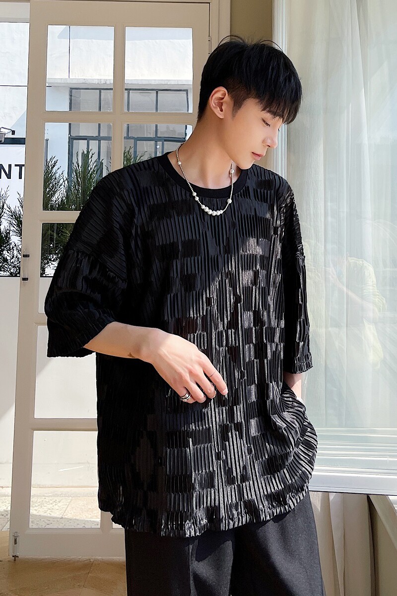 夏季新款个性褶皱菱形格缎面舒适简约高级感气质短袖2378-P55,男装T恤,电商A246
