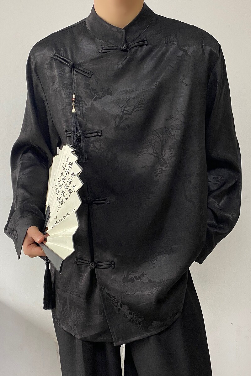 春季新中式锦缎提花盘扣流苏压襟立领长袖男女衬衣风5224P100,男装衬衫,电商A246