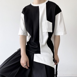 夏季暗黑系黑白撞色圆领短袖男T恤个性不规则拼接潮流半袖2377P65，男装T恤，电商A246