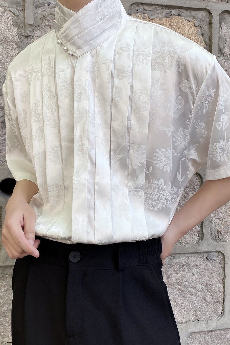 夏季改良中式提花缎面立领短袖男女衬衣复古百褶休闲衬衫3512P90,男装T恤,电商A246