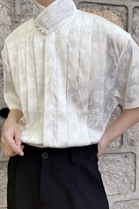夏季改良中式提花缎面立领短袖男女衬衣复古百褶休闲衬衫3512P90图片