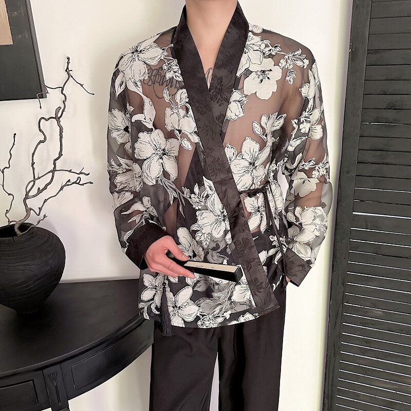 夏欧根纱提花禅意绑带长袖男女衬衣潮流复古休闲防晒衬衫3577P95,男装衬衫,电商A246