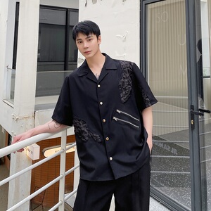 夏季山本暗黑系个性肌理纹拼接拉链设计男女翻领短袖衬衣5151P85图片