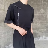 夏季新中式盘扣玉佩流苏设计原领短袖男女T恤复古休闲上衣9772P75，男装T恤，电商A246